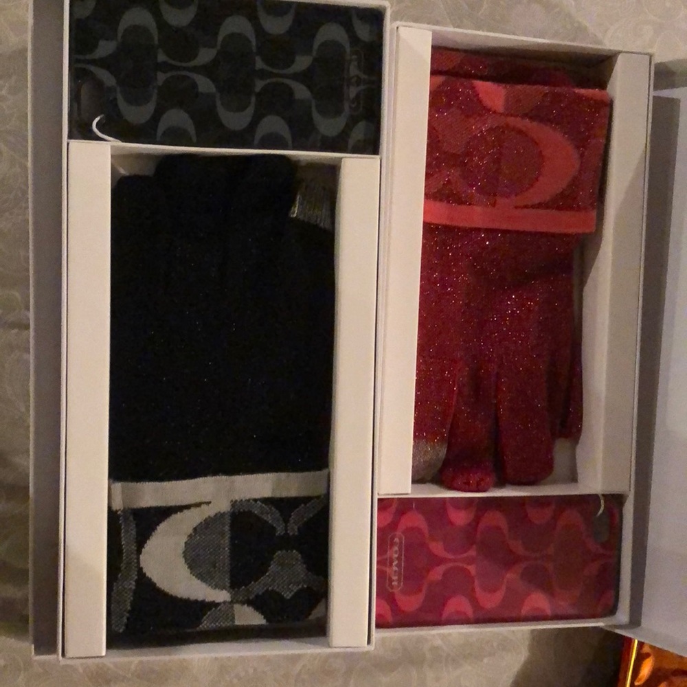 Coach gloves and matching phone case. New never used $15 for all. 2 sets.